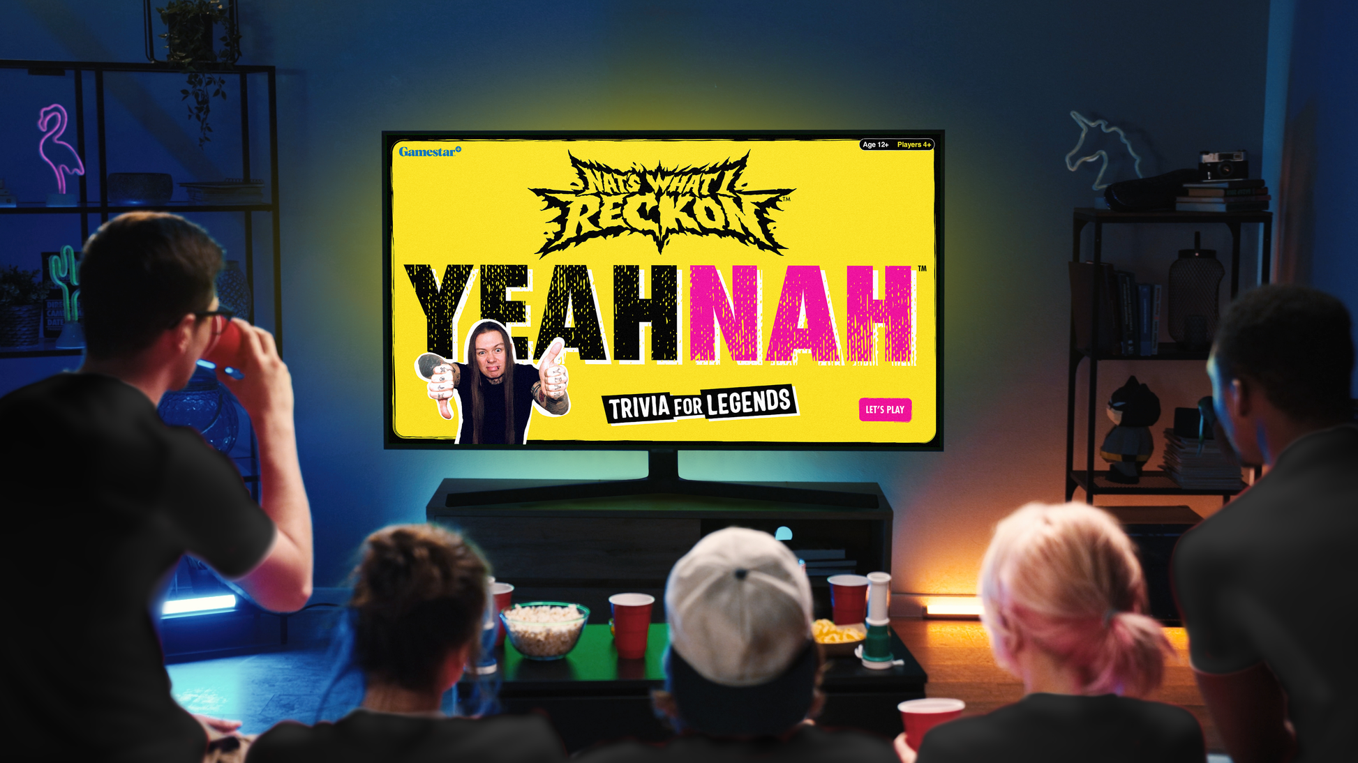 Group of friends playing Yeah Nah Digital Game on their TV